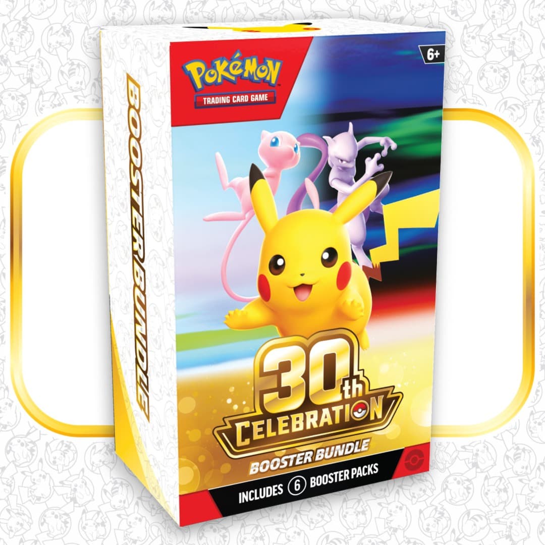 Pokémon TCG: 30th Celebration Booster Bundle box showing Pikachu with Mew and Mewtwo and the gold 30th Celebration logo, includes 6 booster packs