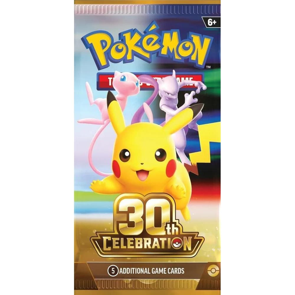 Pokémon TCG: 30th Celebration booster pack showing Pikachu with Mew and Mewtwo and the gold 30th Celebration logo