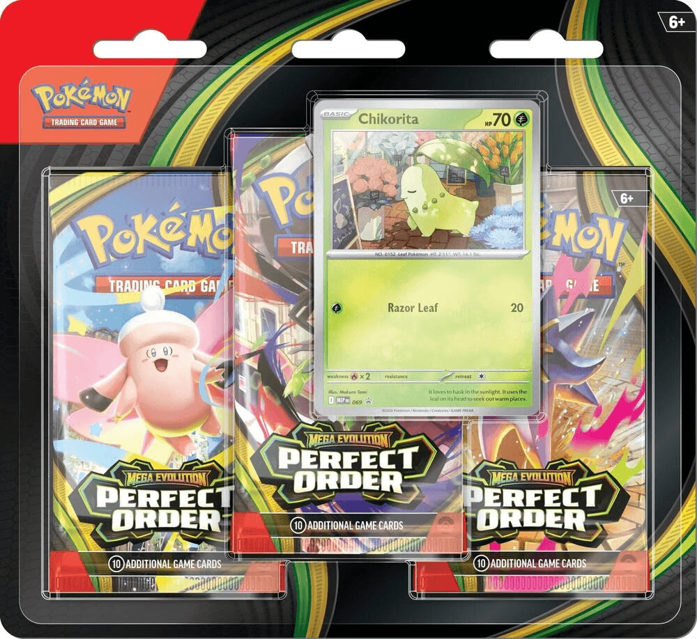 Pokémon TCG Mega Evolution Perfect Order 3-pack blister with Chikorita promo